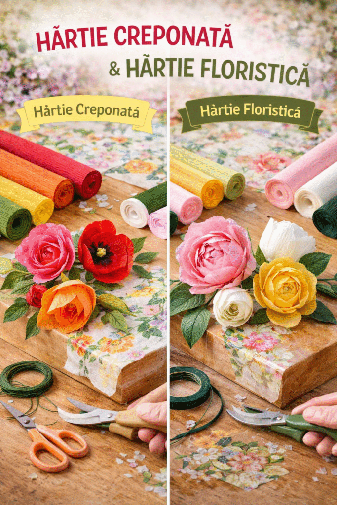 hârtie creponată, hârtie floristică, flori din hârtie, DIY, hobby creativ, artizanat, decor handmade