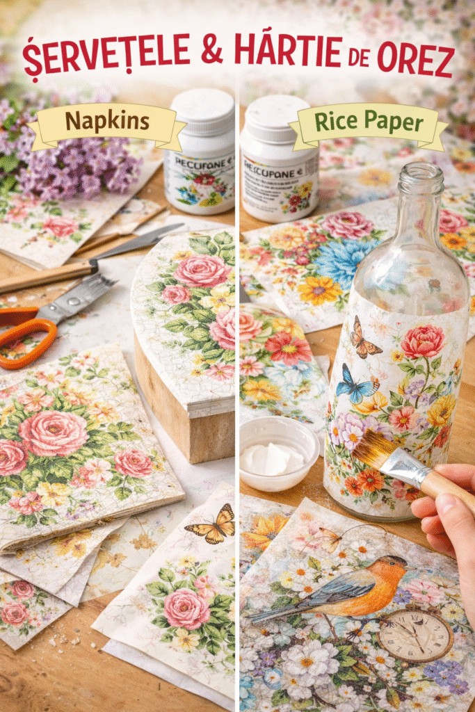 decoupage, șervețele decoupage, hârtie de orez, tehnica șervețelului, hobby creativ, DIY, artizanat