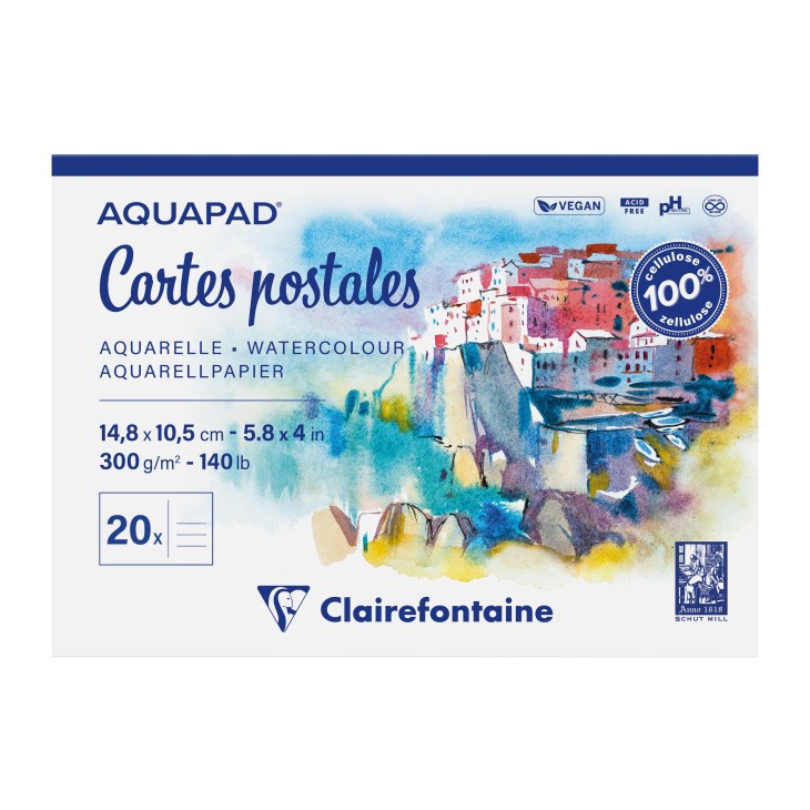 Bloc Acuarelă Postcard 14.8x10.5cm 300g/m² 20 file AquaPad Clairefontaine