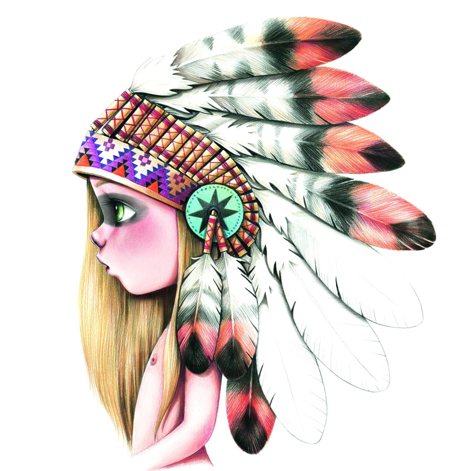 Unul dintre modelele incluse realizată în creion colorat: o fată cu un accesoriu nativ american-indian
