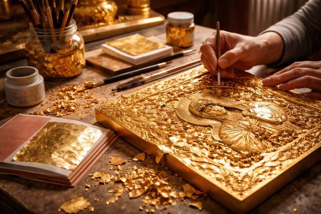 auritură foiță de aur aplicare aur tehnică tradițională meșteșug artistic decorare manuală iconografie pictură religioasă restaurare detalii ornamentale