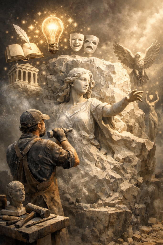sculptură artistică artă și creație sculptor la lucru inspirație și idei figurină clasică din piatră simboluri ale cunoașterii (carte, pană, lampă) mască de teatru